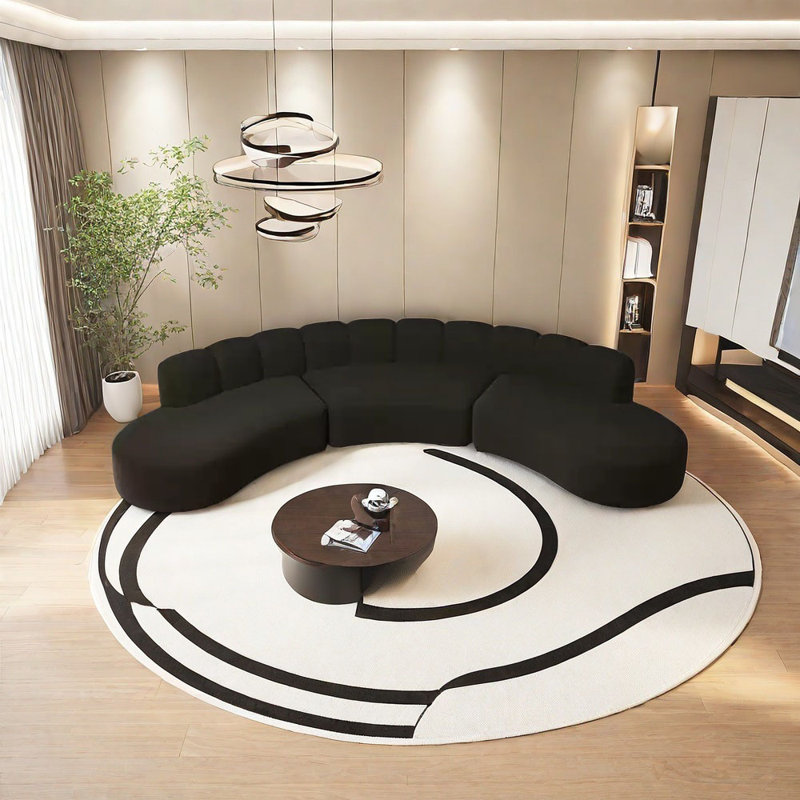 Black semi-circular curved corner sofa, 25.59" H x 149.61" W x 33.47" D, 7