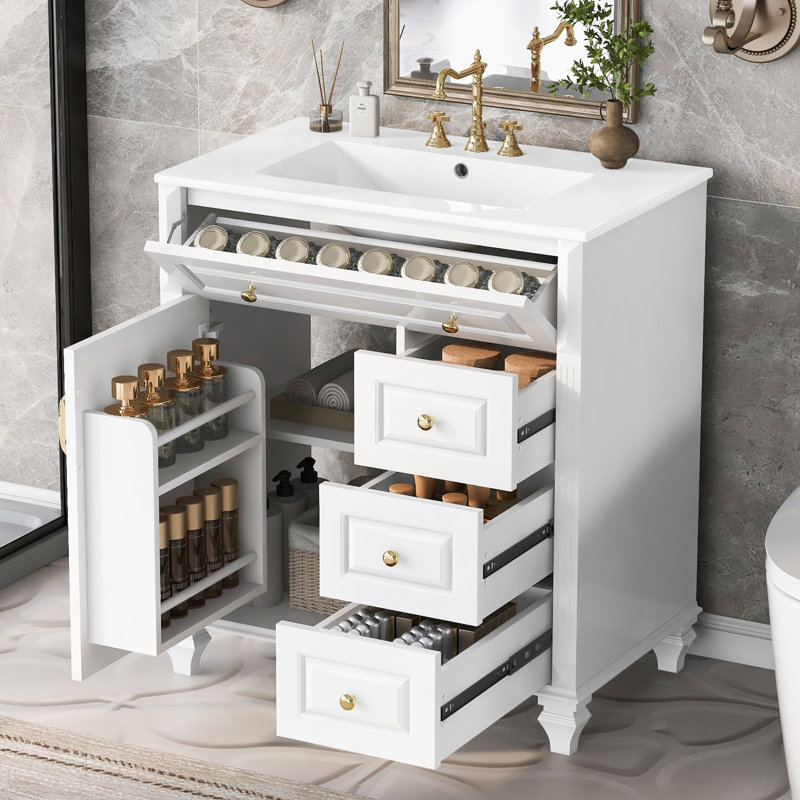 Meuble-lavabo moderne 30 po avec lavabo en céramique et 3 tiroirs Madison, Blanc