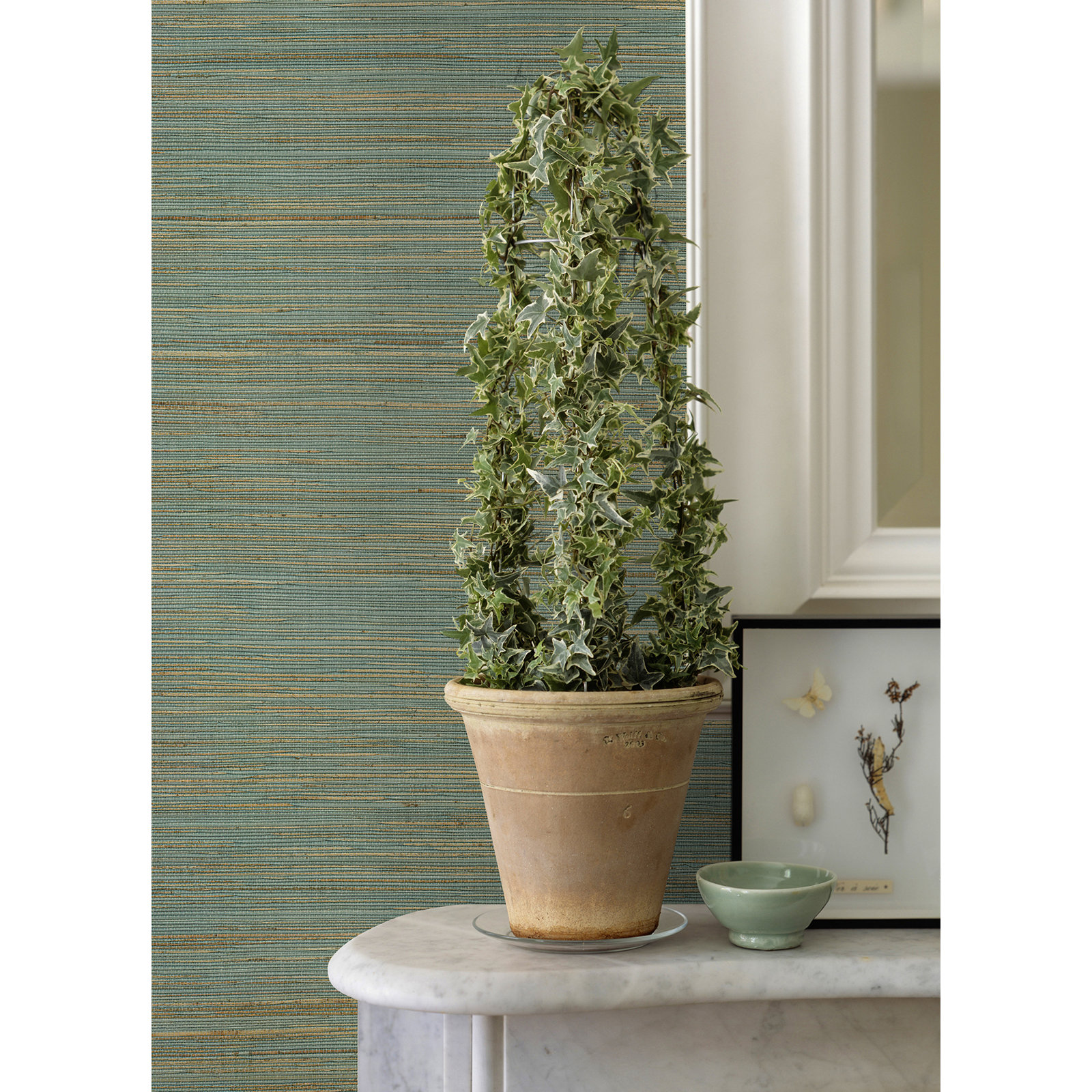 Hamza Modern Grass Cloth Abstract Wallpaper, Turquoise, 20.5" W x 33' L