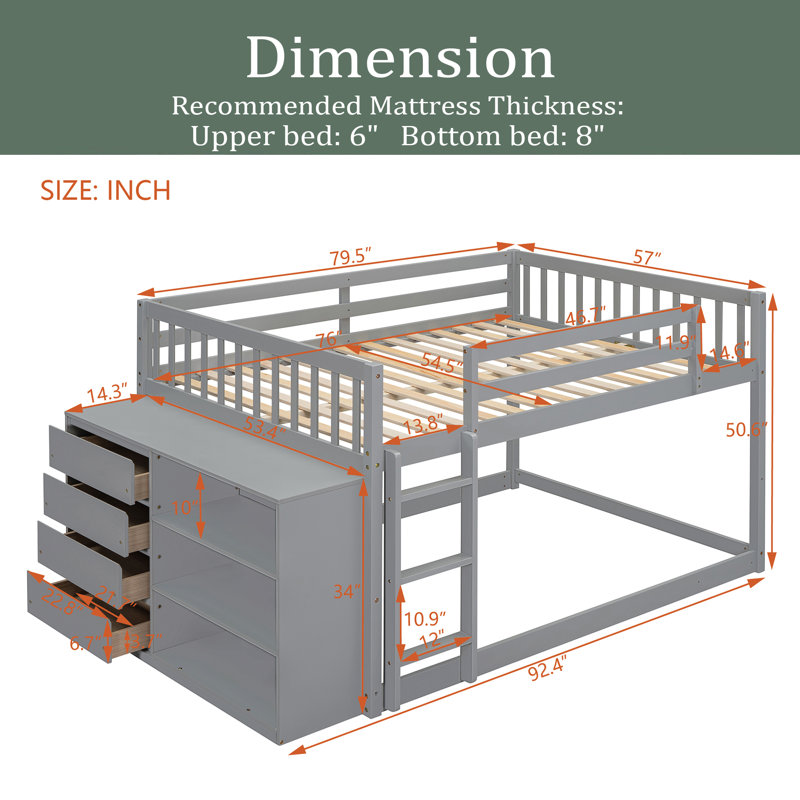 Julye Kids Bunk Bed with Drawers, Full, Gray