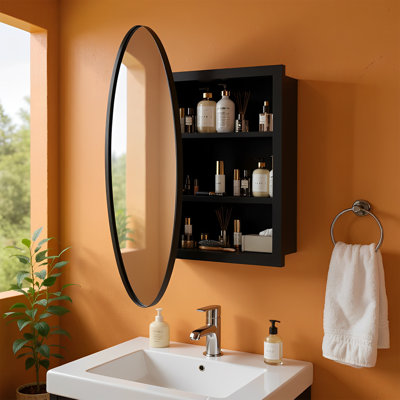 Armoire ronde pour miroir de salle de bain | Armoire de rangement murale à une porte | Cadre en fer noir mat | Tablettes réglables | Prêt à assembler | 20,5 po de diamètre x 4,9 po de profondeur