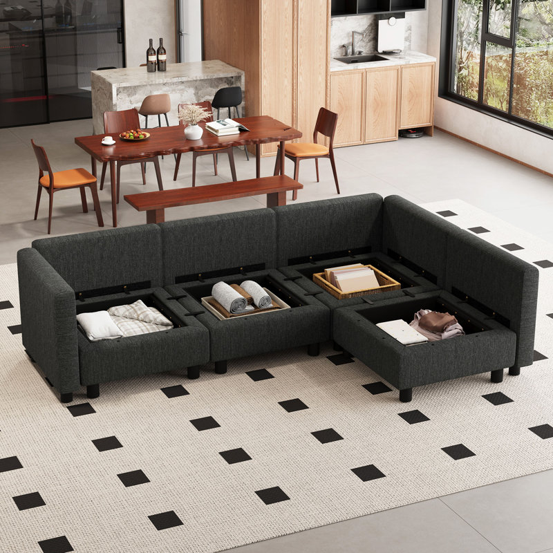 Canapé modulaire modulaire avec rangement pour le salon et le bureau personnel, Mélange de polyester gris foncé