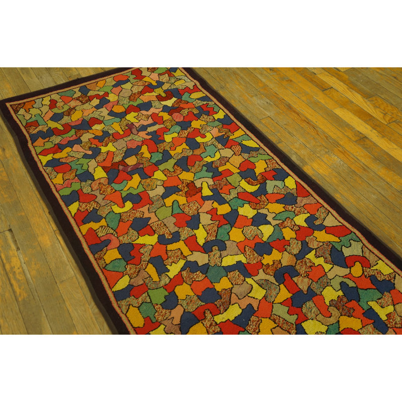 Petit tapis antique en laine à crocheter des années 1930