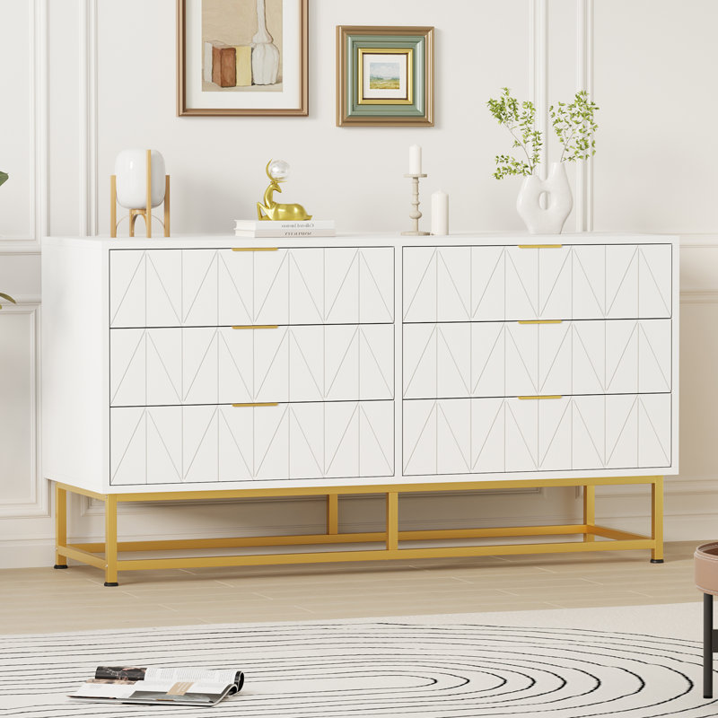 6 Drawer Dresser With Gold Metal Handles ,modern Large Dresser Storage Cabine, White