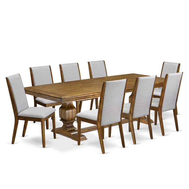 L'ensemble de 9 pièces comprend une table de cuisine rectangulaire et 8 chaises de salle à manger en tissu de lin gris, finition noyer antique