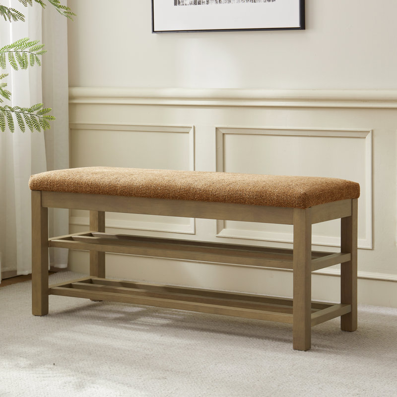 Upholstered Storage Bench with 2-Tier Shoe Rack, Orange