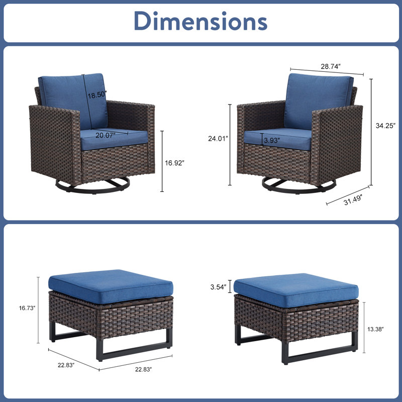 Nazime Outdoor Patio Swivel Rocking Chairs With Ottomans (Set Of 2), Blue