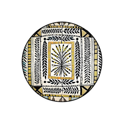 Round Yellow Black Mixed Shapes Patterned Woven Base Decorative Machine Washable Rug