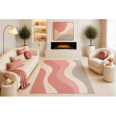Tapis à vagues abstraites rose pâle 5 pi x 7 pi «Ultra Light Poids», tapis géométrique minimaliste moderne pour le salon, la salle à manger, le revers en silicone antidérapant