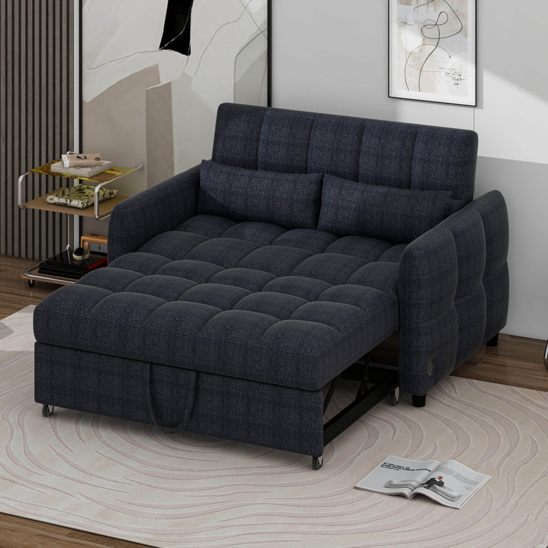 Loveseat Sofa Bed With Adjustable Backrest, USB Ports & Two Lumbar Pillows, Blue