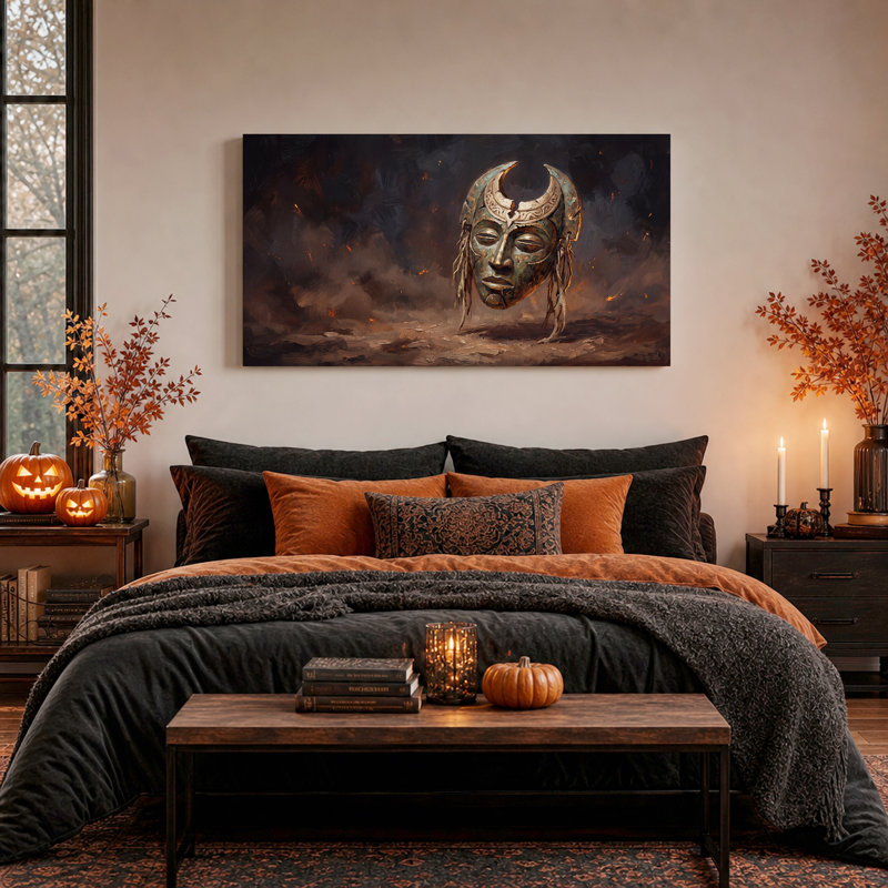 Masque de bronze avec croissant de lune et braises incandescentes - Décoration murale sur toile pour l'Halloween, 40“W x 20”H