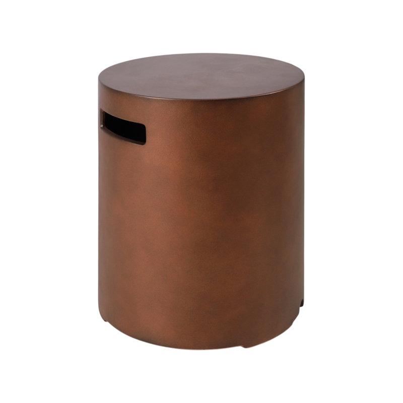 Brown Round Propane Tank Cover Table – 20 lb Outdoor Concrete Hideaway with Side Handle for Patio or Deck, Brown