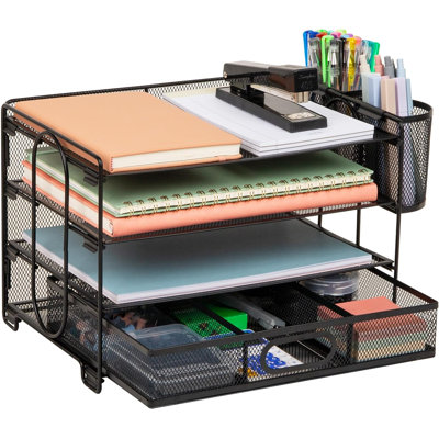 Mesh Desktop Storage Rack, 3 Trays, 1 Drawer, 2 Pen Holders, Office Desktop Storage Rack, Metal Mesh, Black