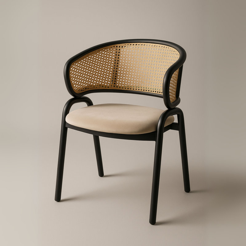 Daishun Velvet Dining Chair with Cane Rattan Back & Stainless Steel Legs – Modern Accent Chair for Kitchen, Dining Room & Bistro