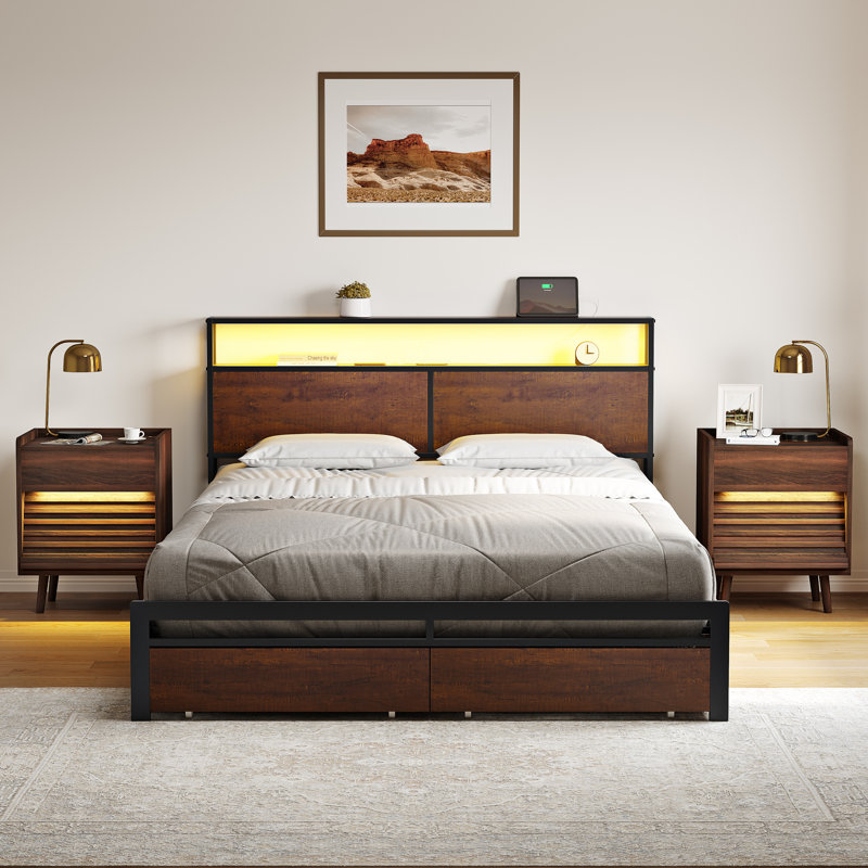 Ensemble de chambre à coucher 3 pièces, lit moderne avec 2 tiroirs et 2 tables de chevet inclinées, Blanc / Brun, King
