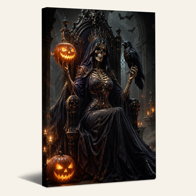 «Skeletal Queen on Throne» avec citrouille rougeoyante et art mural d'Halloween