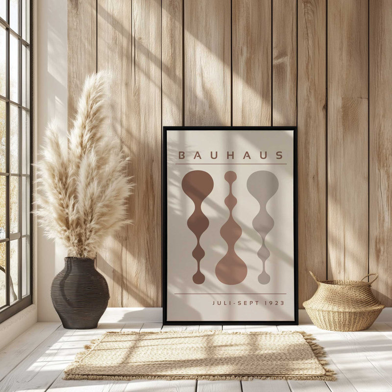 Affiche rétro Bauhaus II , H 18 po x l 12 po, Blanc opaque, Toile avec cadre flottant brun 