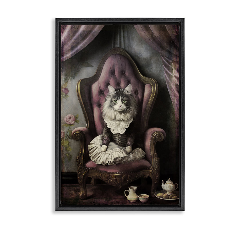 Royal Cat & Tea Gold Framed Floater Canvas by Sasha, 25" H x 17" W, Jet Black Floater Frame
