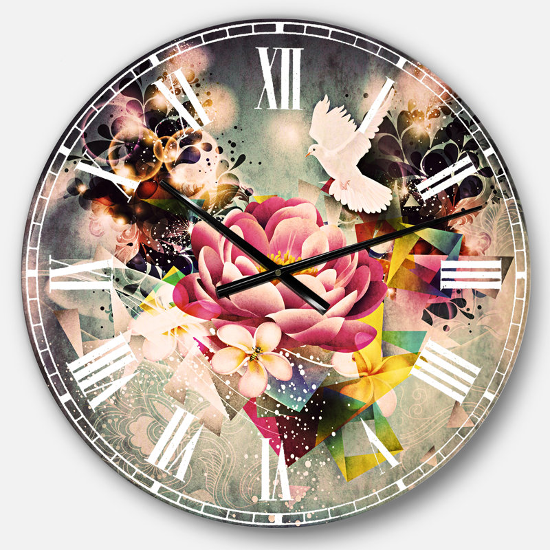 Fleurs et colombe - dessin abstrait - horloge murale traditionnelle, Surdimensionné