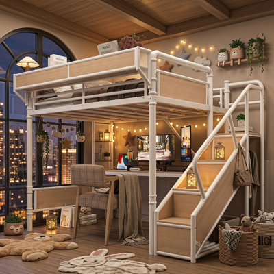 Lit mezzanine industriel AVELOR avec bureau intégré, rangement et éclairage DEL, conçu pour les adolescents et les jeunes adultes