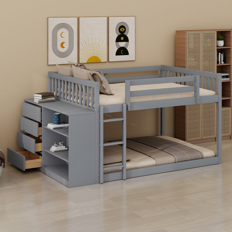 Lit superposé gain de place, équipé de quatre tiroirs fonctionnels et de trois tablettes de rangement., Gris