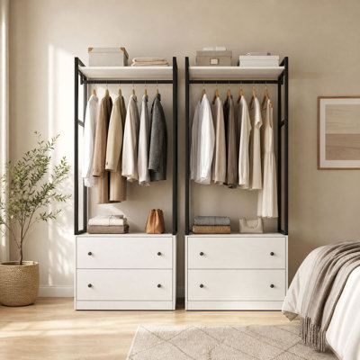Contemporary Open Wardrobe Closet with 4 Drawers & Hanging Rods – 2-Piece Modular Bedroom Storage Organizer