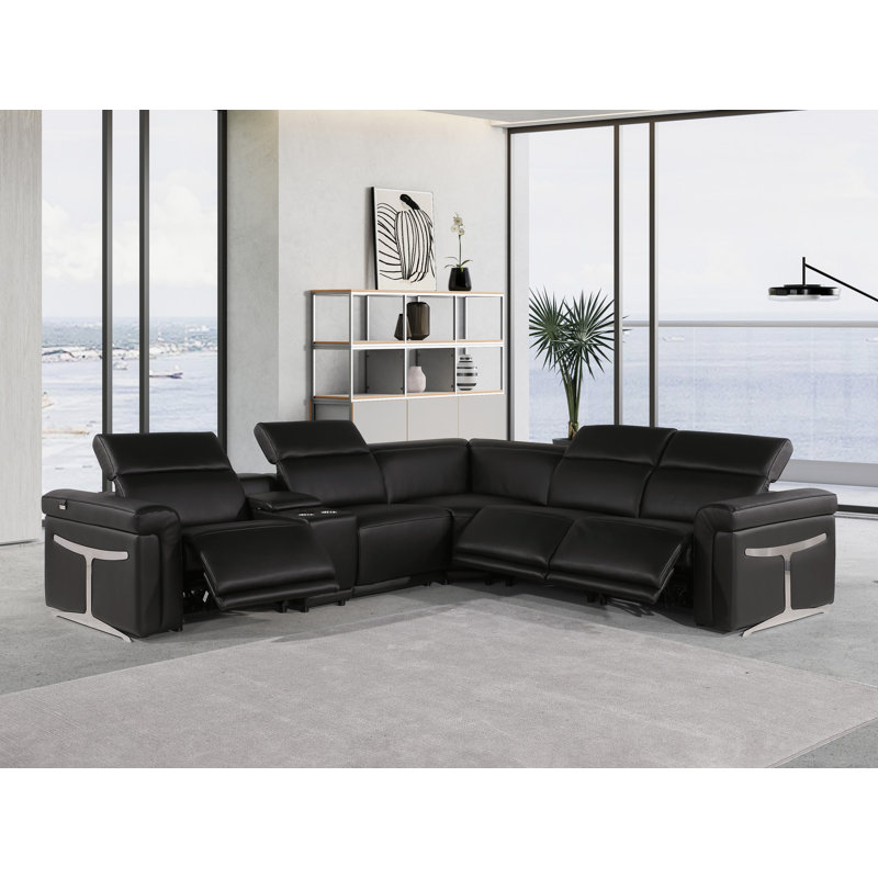 Suhur 6 - Piece Top Grain Italian Leather Power Reclining Sectional, Black Genuine Leather