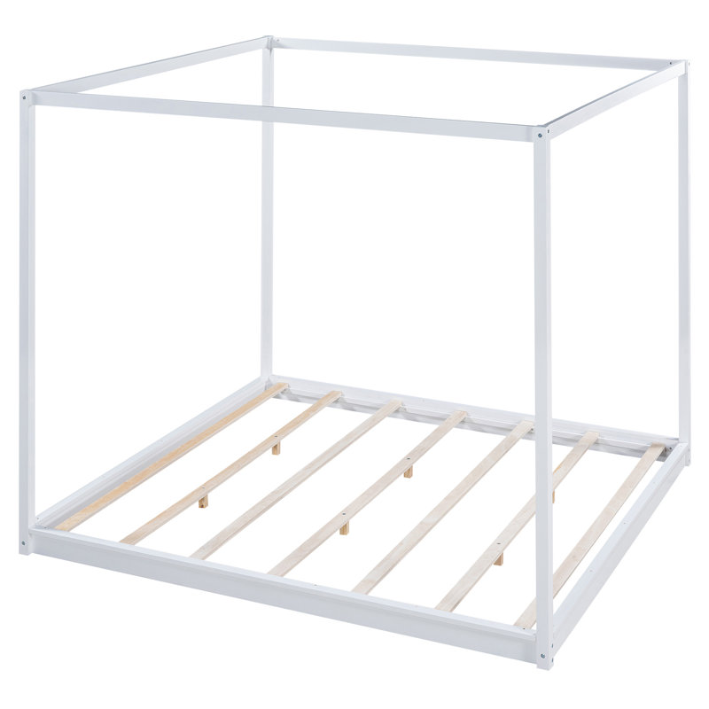 Lit plateforme à baldaquin avec pieds de support, Blanc, King