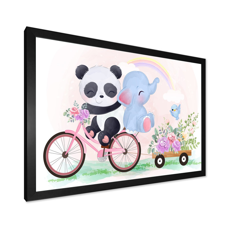 Mignon panda et éléphant sur un vélo - Cadre photo, impression sur toile, H 24 po x l 36 po x P 1 po, Cadre photo noir