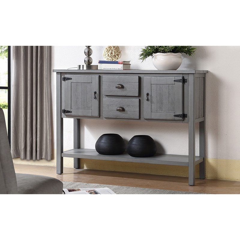 Console 48 po en bois massif avec 2 tiroirs et espace de présentation, style rétro - gris antique pour le rangement de la chambre à coucher, bois