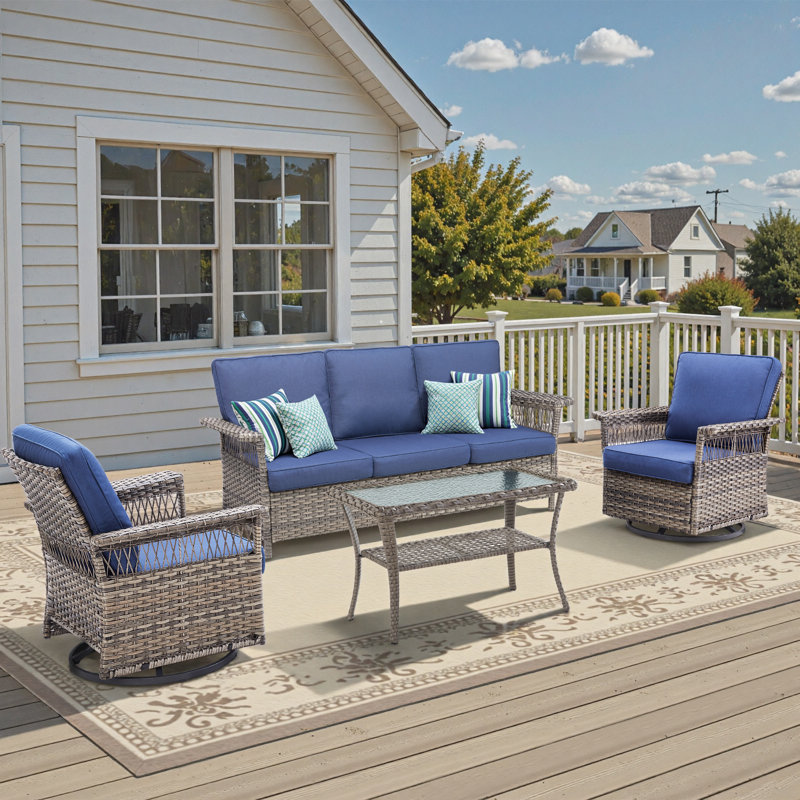 Ensembles de conversation pour patio en osier toutes saisons Anferney avec fauteuil coulissant et table basse, Bleu, Gris