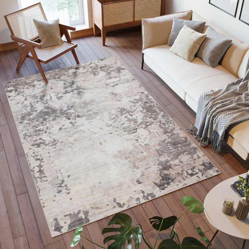 Tapis industriel moderne abstrait Rayna Kaori, beige, ivoire et lavable à la machine, Rectangle 5 pi x 7 pi