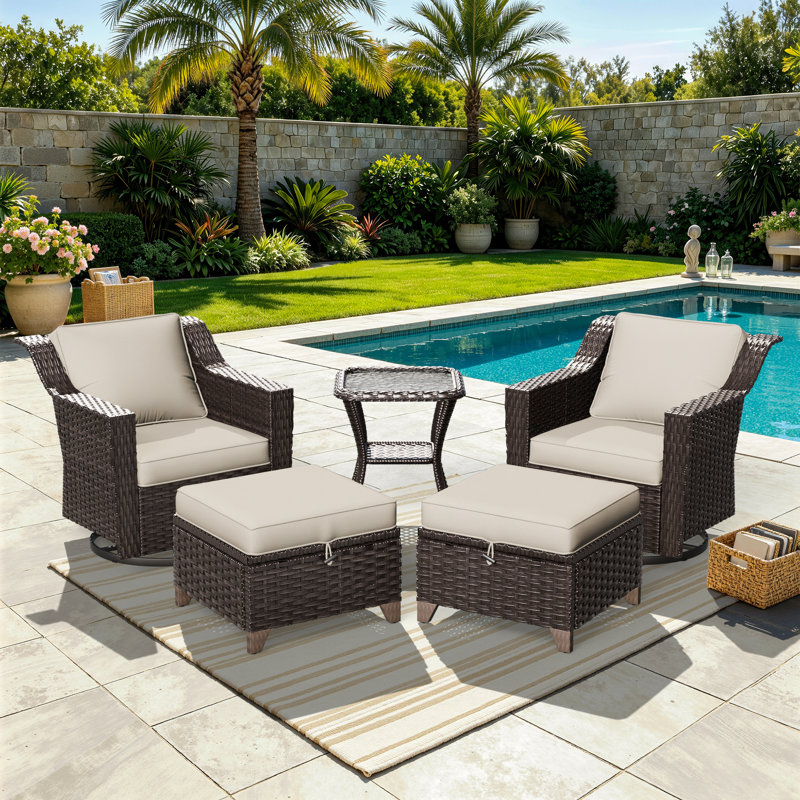 5-piece Outdoor Wicker Swivel Chair Set With Ottomans & Side Table, Rattan Patio Conversation Furniture With Cushions For Porch, Balcony, Backyard