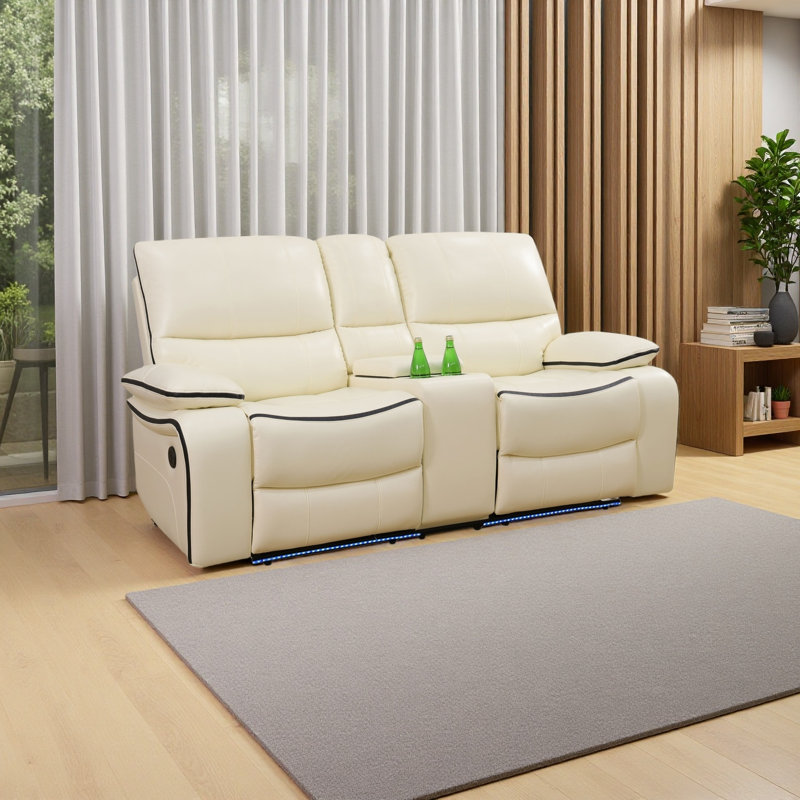 74.4" Breathable Leather Dual Power Recliner Loveseat With Storage Console, USB & LED