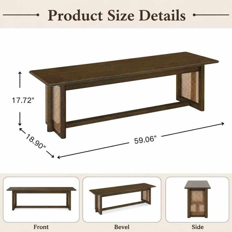 Banc d'intérieur robuste avec fabrication en bois massif durable et accents de tissage décoratif respirant, capacité de poids de 330 lb, siège confortable pour 2 personnes
