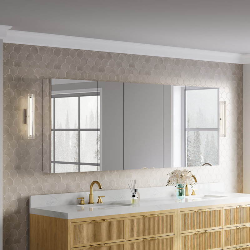 84''W X 32" H Recessed Or Surface Wall Mount Bathroom Mirror Medicine Cabinet With Adjustable Glass Shelves