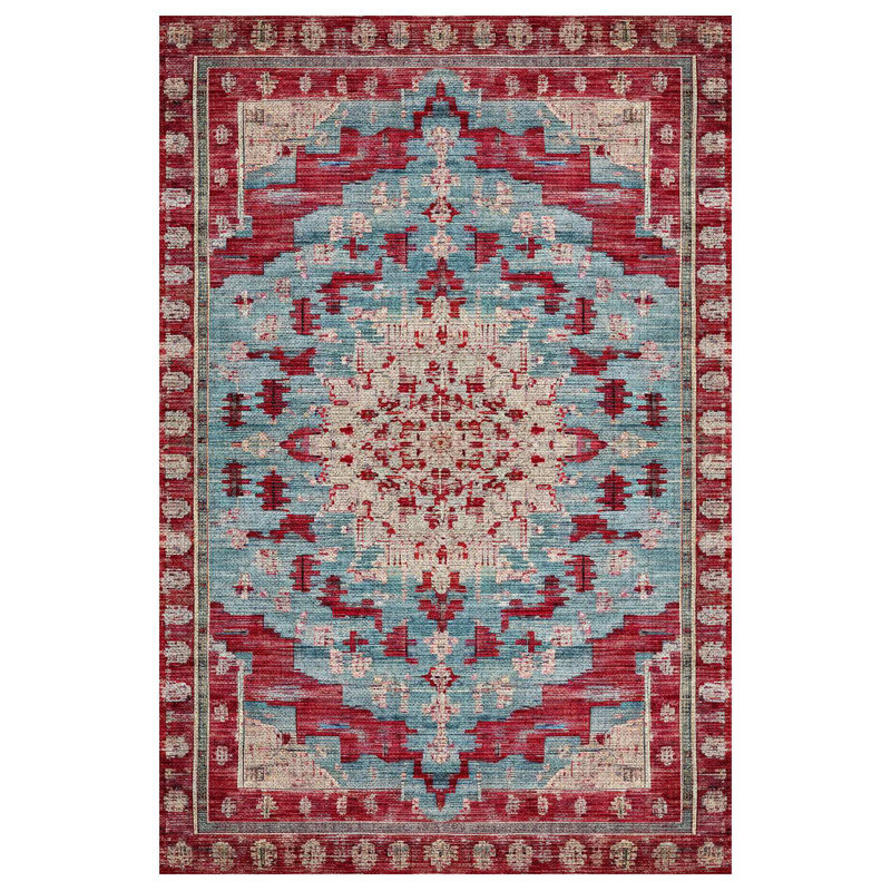 Motto Blue Oriental Machine Printed Cotton Polyester Area Rug, Rectangle 2'8" x 5'