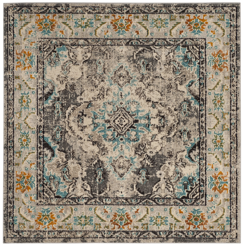 Almyra Oriental Area Rug, Square 5', Grey/Light Blue