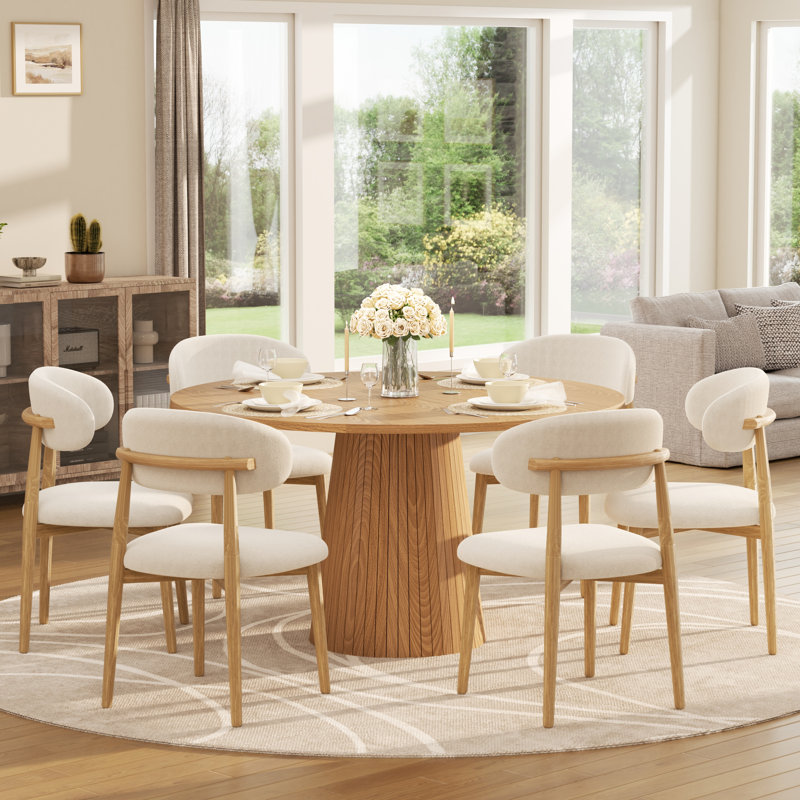 Ensemble de salle à manger de style Mid-Century pour 4-6 personnes, table à piédestal ronde en MDF et chaises en métal revêtues de lin