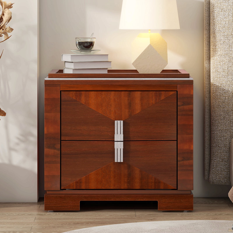 Orion Mid-Century Modern Wood Nightstand With Diamond-Pattern Drawers And Silver Accents, Dark Brown, Set of 2