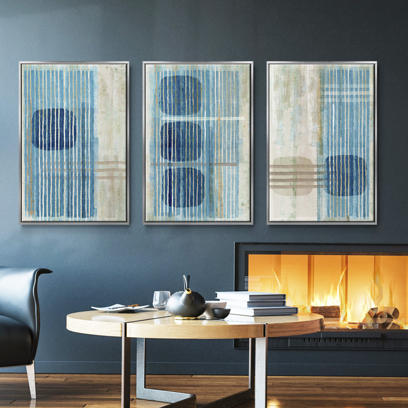 Blue Blue Horizon I, ensemble de 3 toiles encadrées, H 27 po x l 54 po, Argent