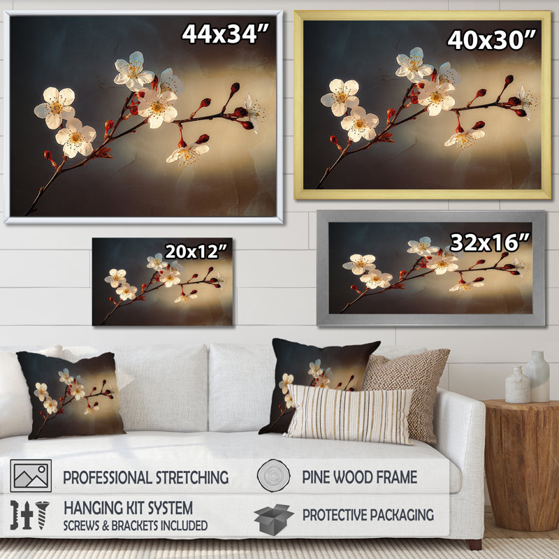 Cherry Blossom Charm en monochrome sur toile, Cadre flottant doré, H 24 po x l 32 po x P 1 po