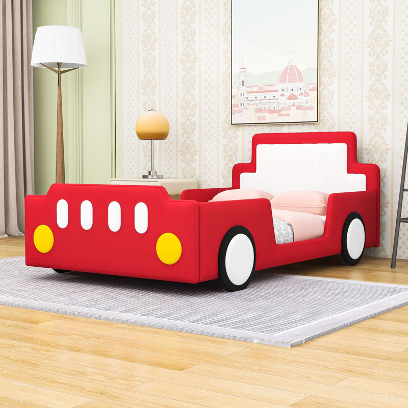 Lit plateforme simple en forme de voiture de course avec roues et lattes, Rouge