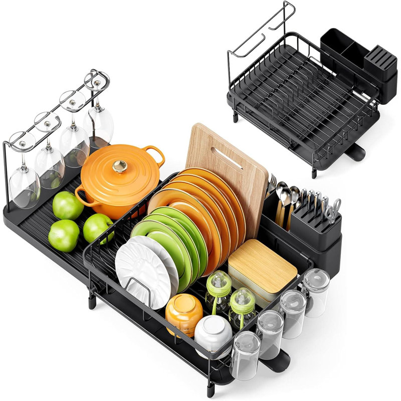 Égouttoir à vaisselle extensible avec égouttoir, organisateur de comptoir de grande capacité avec porte-verres à vin, égouttoir à vaisselle compact