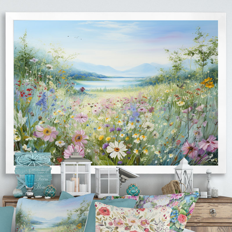 Simplity Wreath Green Flower Field - Art mural grand champ de fleurs, Cadre simple blanc, H 24 po x l 32 po x P 1 po