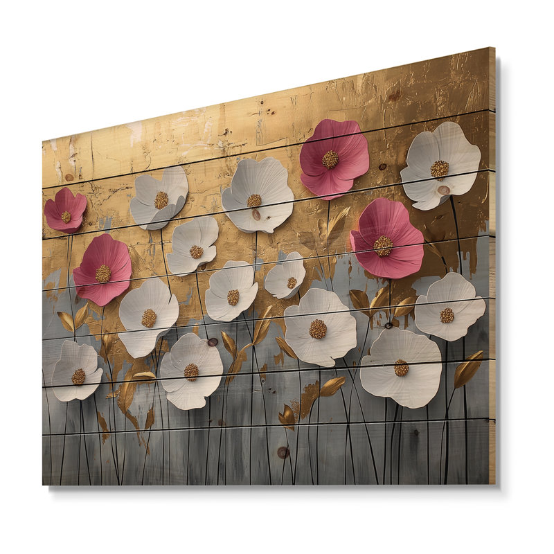 Fleurs blanches et dorées, forme pure de marbre I - décoration murale en bois de coquelicot - sur bois de pin naturel