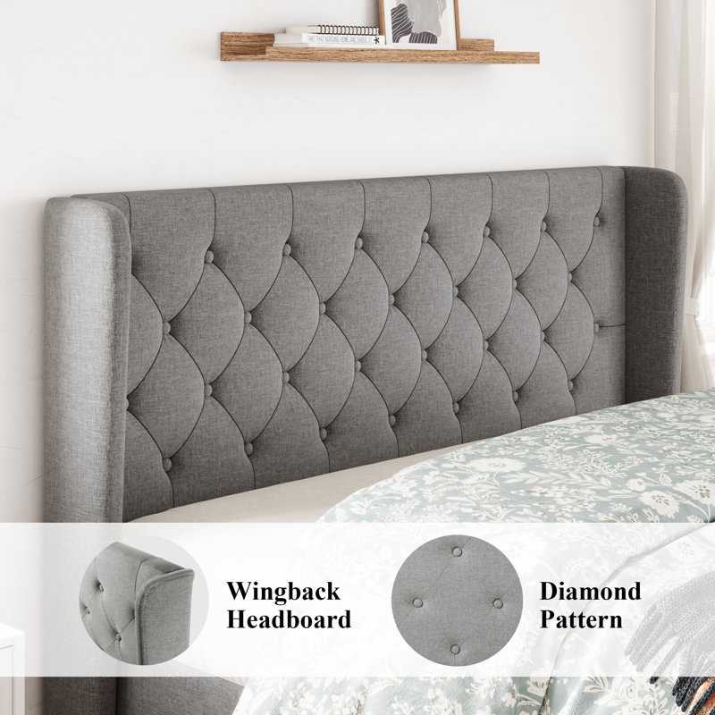 Light Gray Full Linen Upholstered Platform Bed with Tufted Headboard