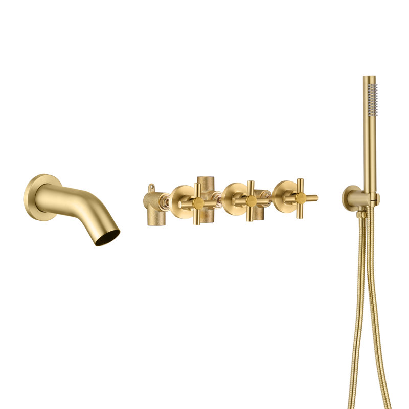 Robinet de baignoire triple à poignée en croix, robinet de baignoire cascade avec douche à main, Or brossé