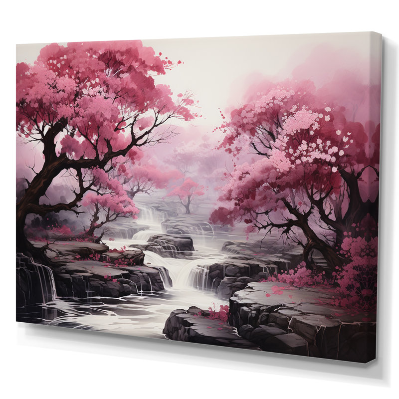 «Pink Trees Waterfall Endless Journey» - Art mural cascade, H 24 po x l 32 po x P 1 po, Toile tendue