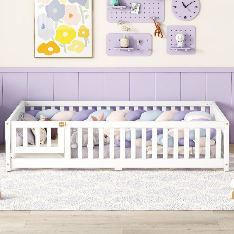 Queen Size Floor Bed for Kids with Guardrails and Door, Low Profile Montessori Bed Frame, White, White, Queen
